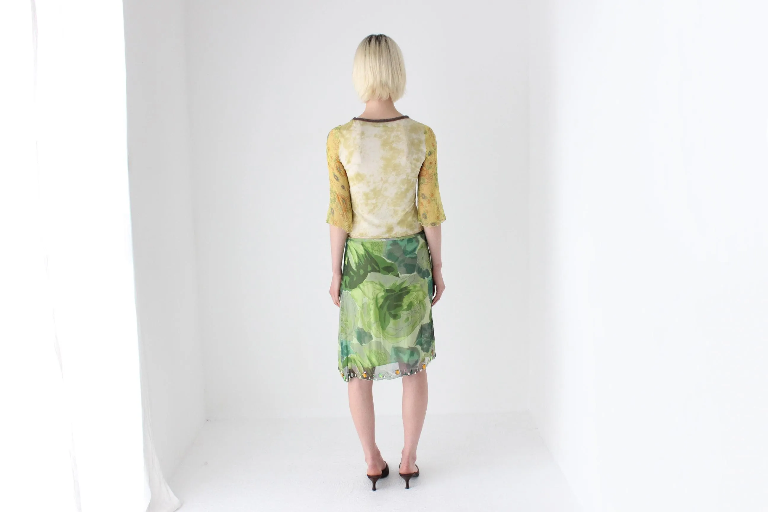 Y2K Italian Pure Silk Tropical Printed Skirt w/ Gemstones