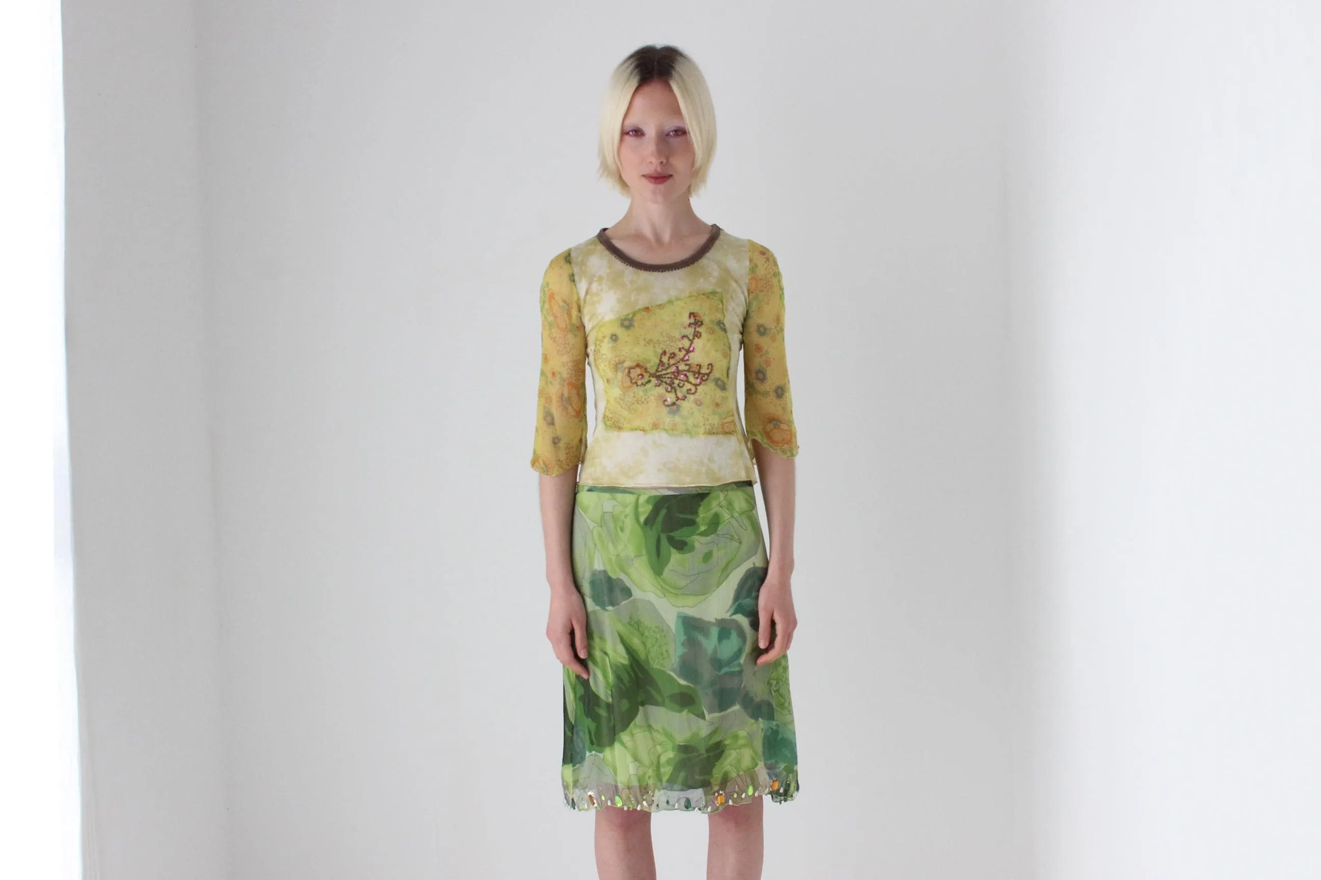 Y2K Italian Pure Silk Tropical Printed Skirt w/ Gemstones