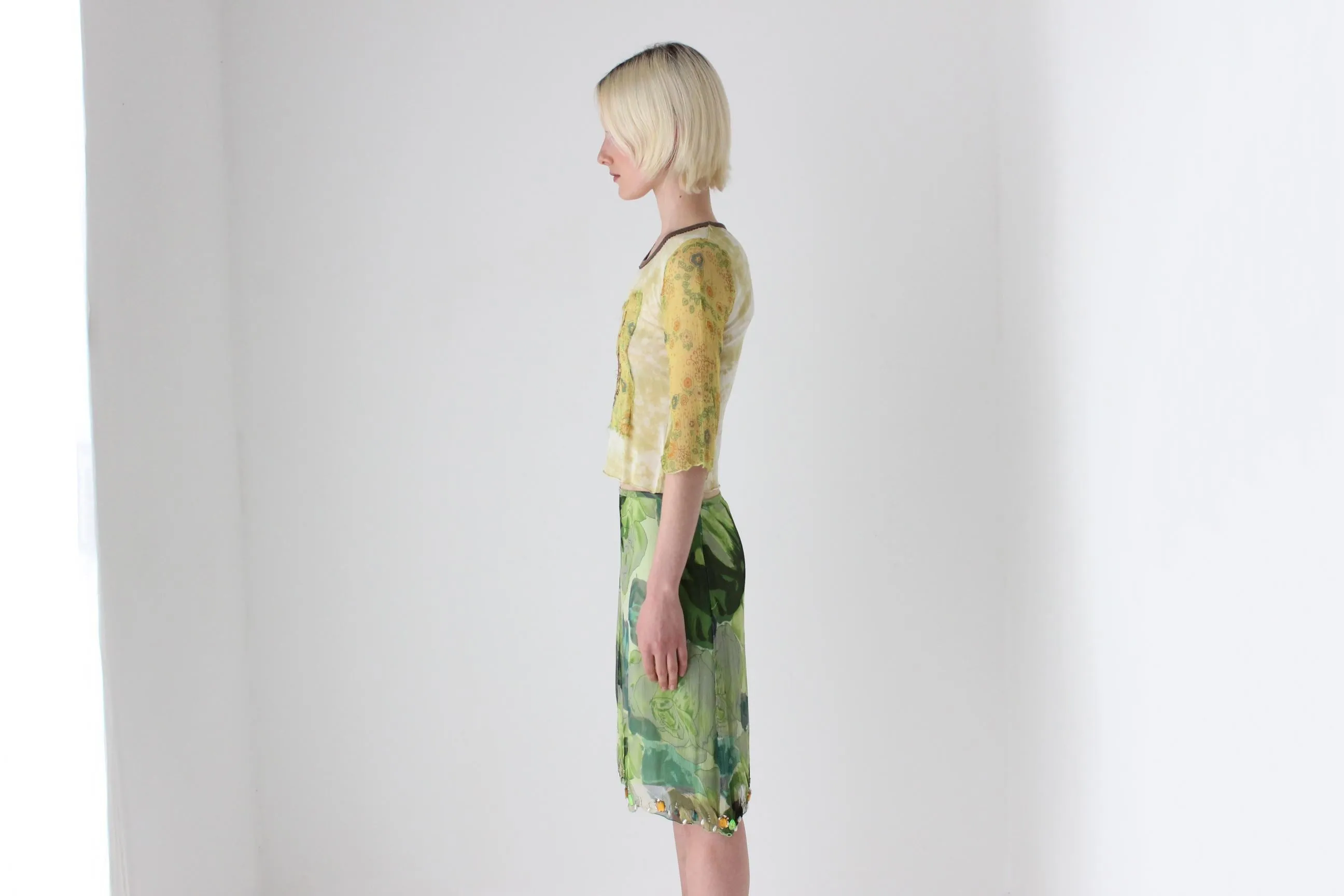 Y2K Italian Pure Silk Tropical Printed Skirt w/ Gemstones