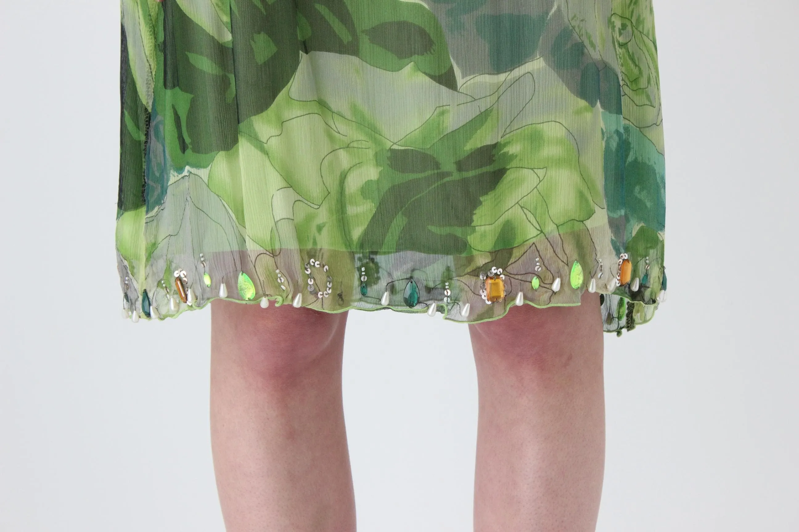 Y2K Italian Pure Silk Tropical Printed Skirt w/ Gemstones