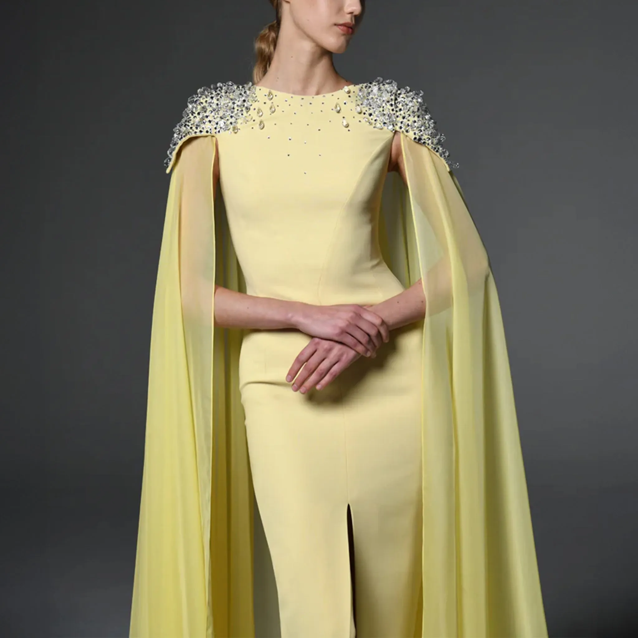 Yellow Embroidered Crepe Dress Featuring Chiffon Cape